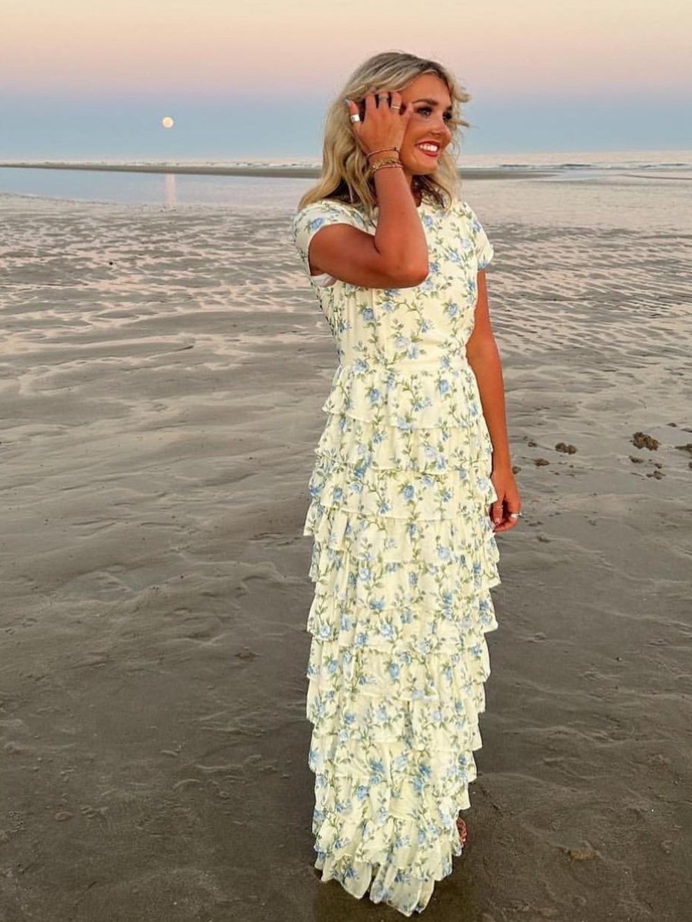 Ruffled cream and blue maxi dress